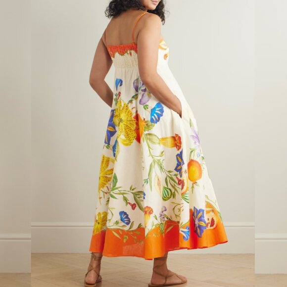 Alemais Pomegranate Floral Print Square-Neck Linen Midi Dress - Picture 2 of 11